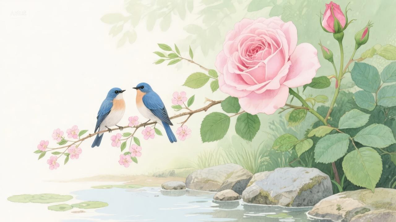 七夕节花鸟画玫瑰蓝鸟爱情浪漫国画背景