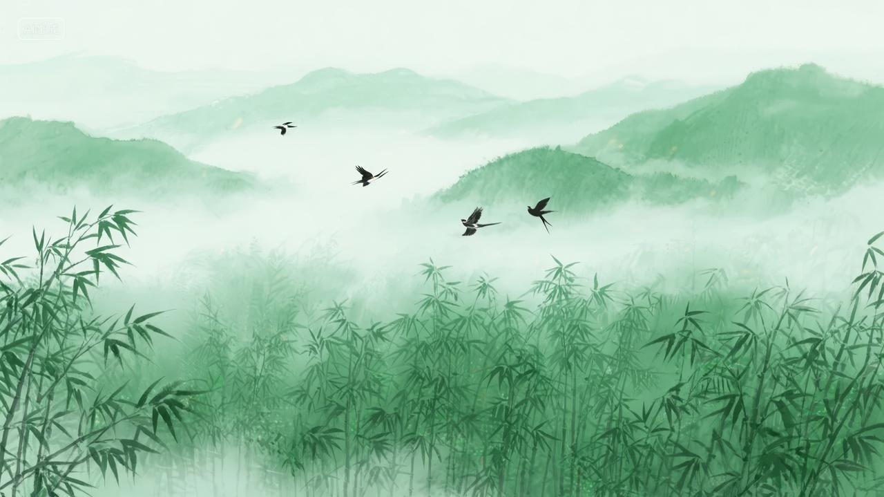 立秋节气风水墨山水竹林禅意背景图