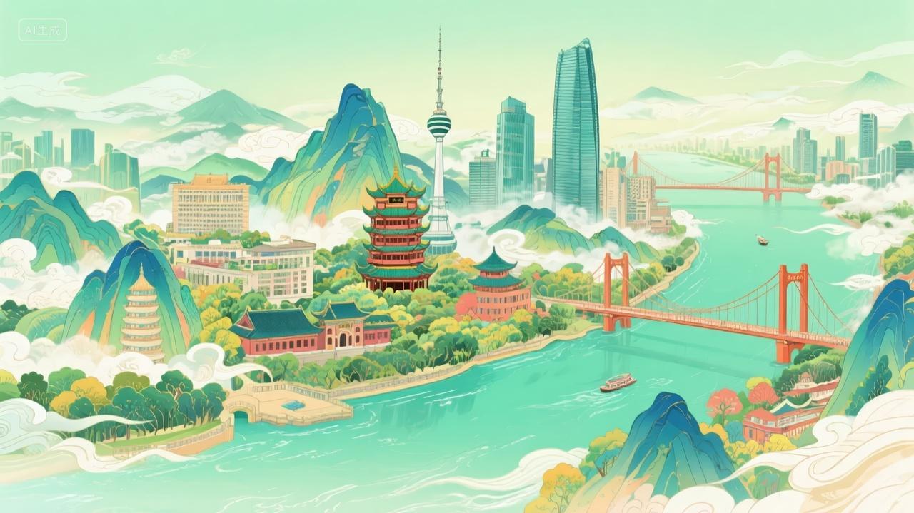 国庆节城市旅游插画南京风光文化宣传