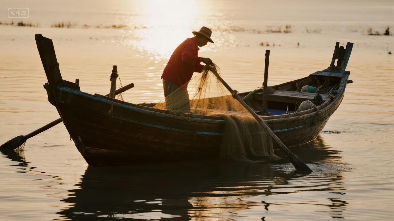 日出时分渔夫撒网捕鱼劳动生活场景背景