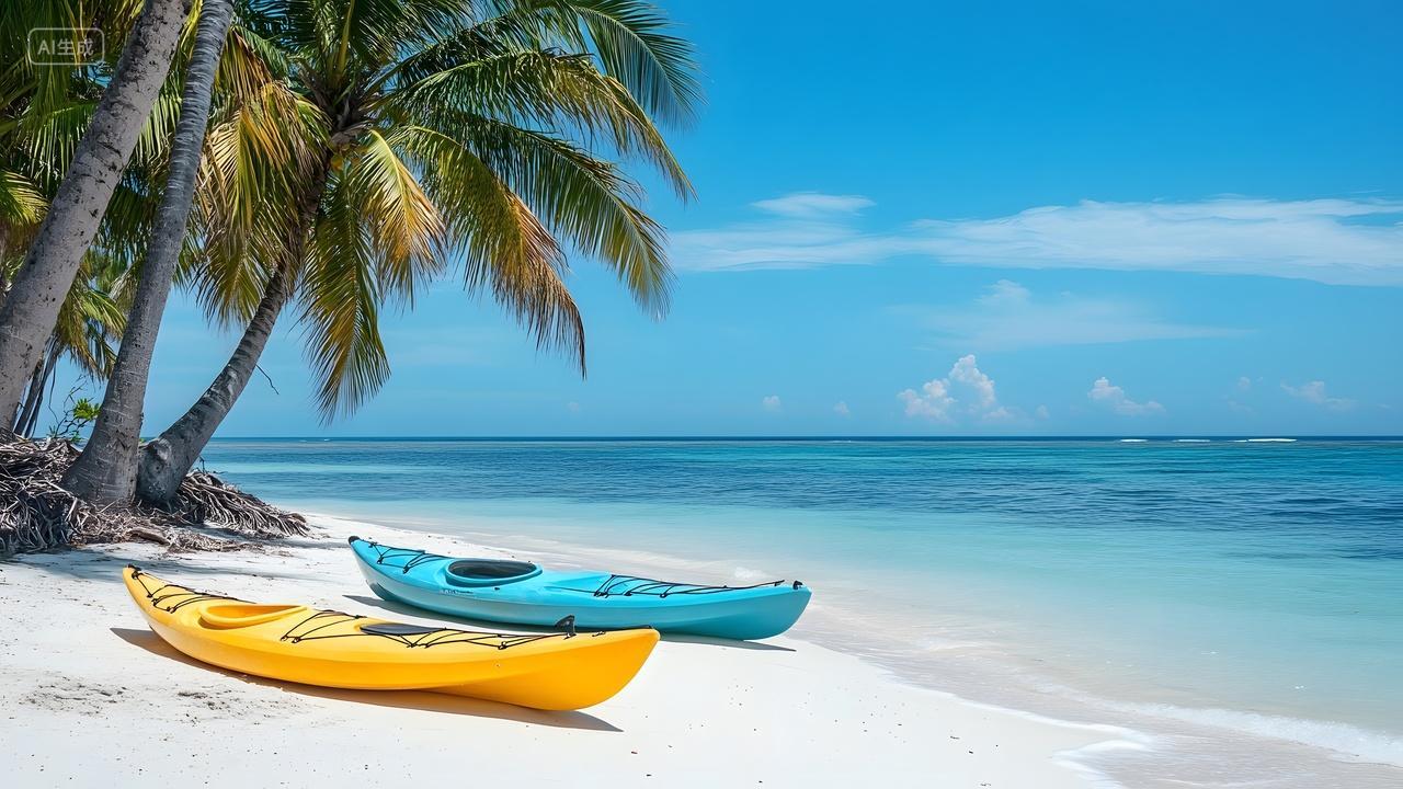 椰林白沙海滩两艘皮划艇静靠岸边