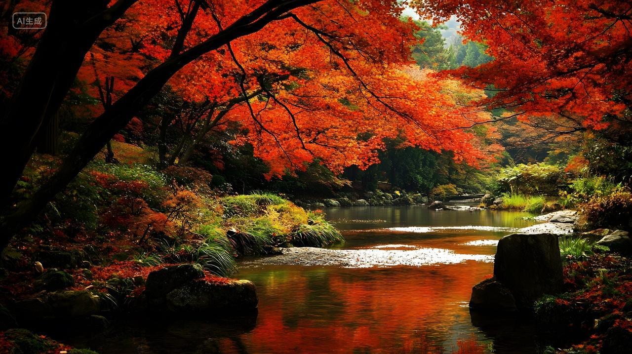 秋日红叶与溪流