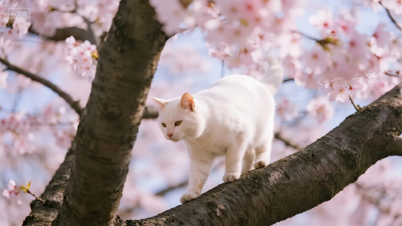 可爱白猫樱花树上宠物治愈系壁纸背景图