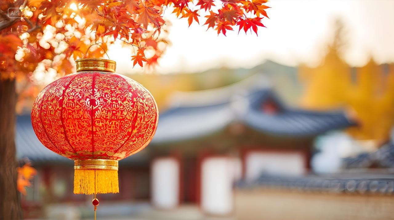 红色传统灯笼挂在室外夜晚庆祝国庆节日亮化图片