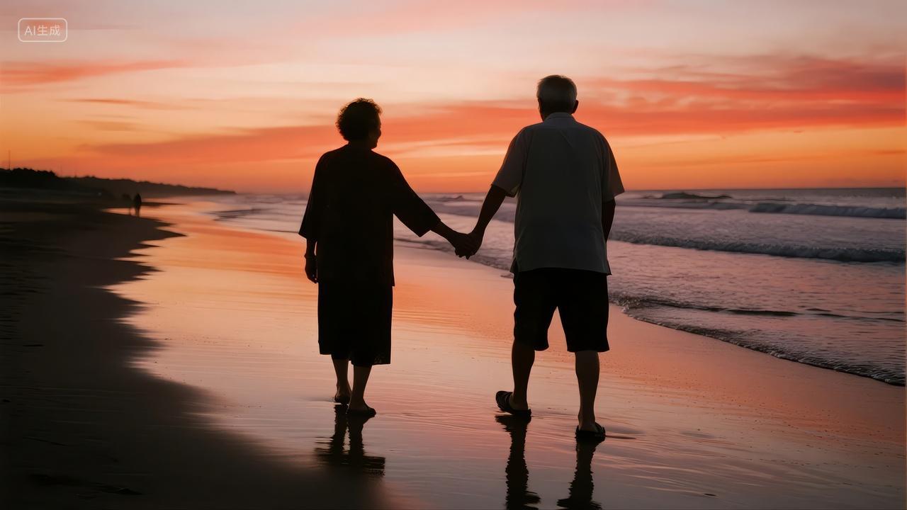 重阳节七夕节老夫妻海滩日落浪漫爱情背景