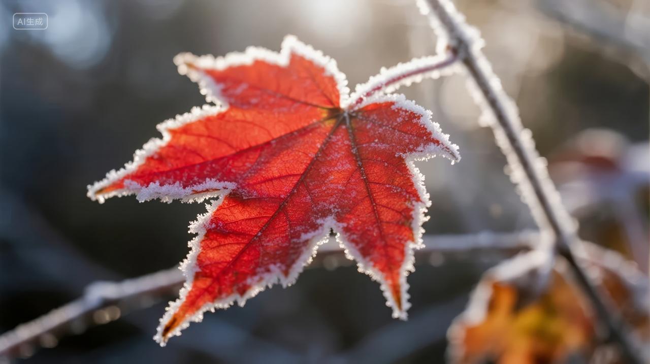 霜降节气枫叶红叶挂霜特写秋冬风景背景