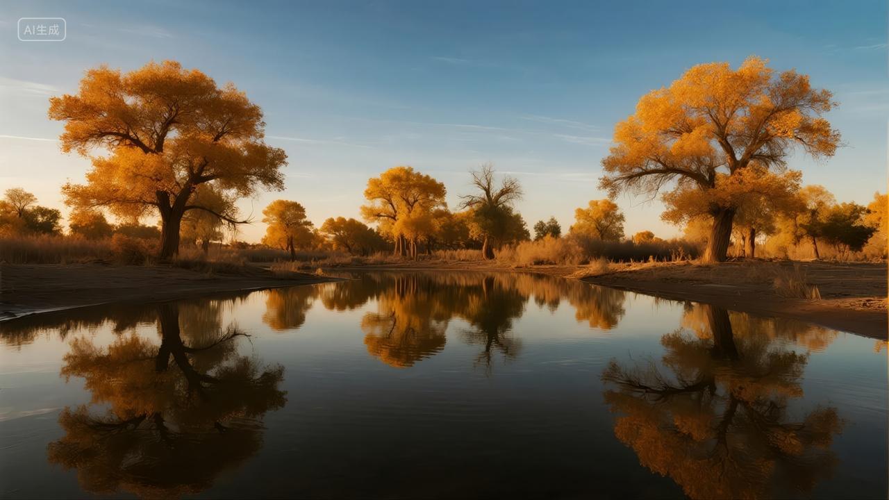 新疆胡杨林秋色倒影壮丽沙漠自然风光背景