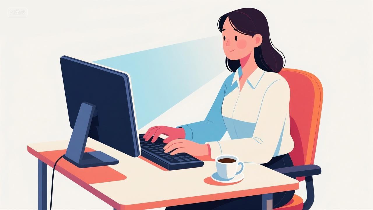 扁平风格一位上班族正在电脑前上班工作场景插画