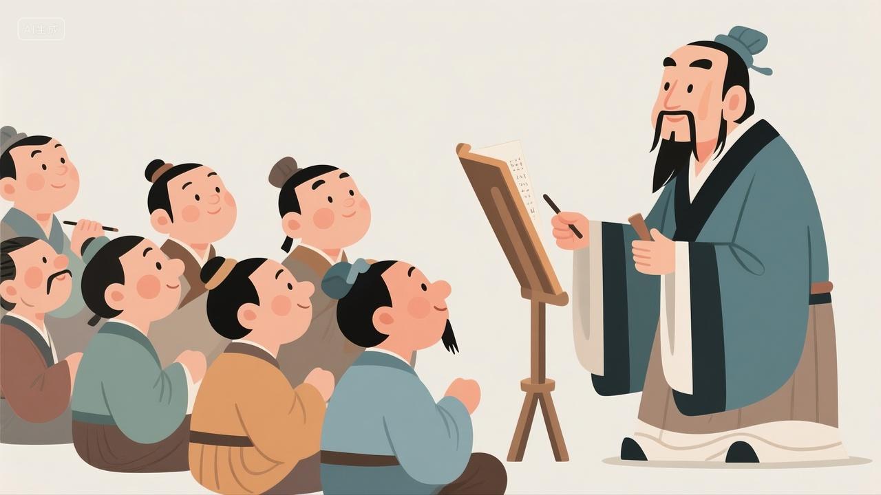 扁平孔子给学生们上课场景插画