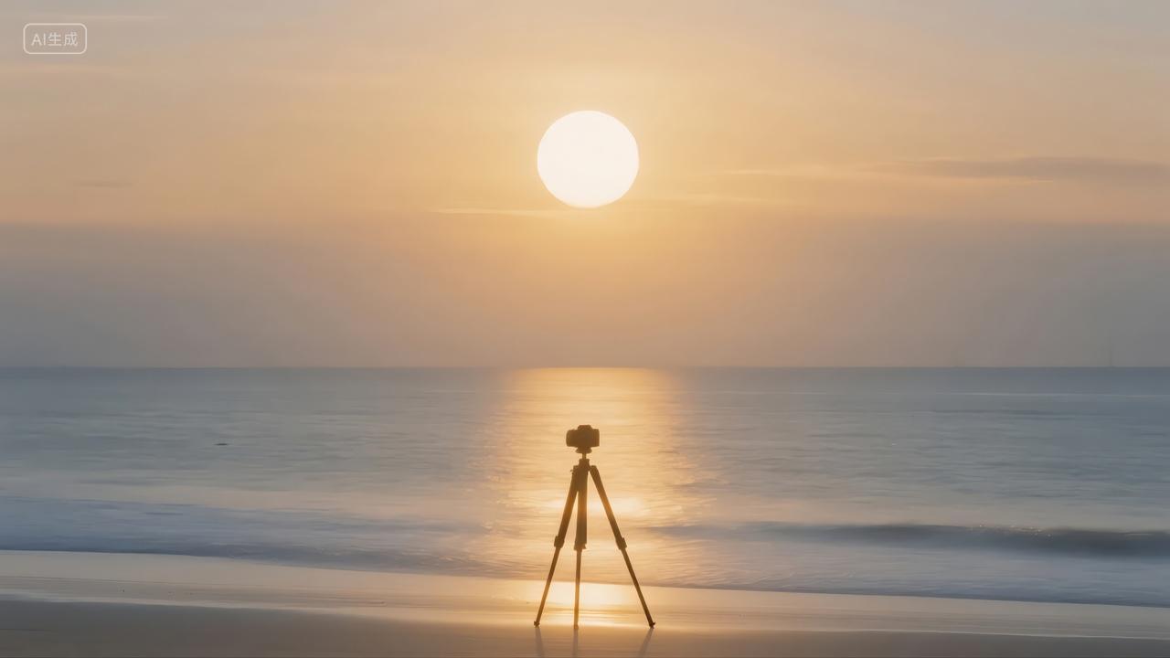海边日出摄影三脚架宁静唯美风景背景图