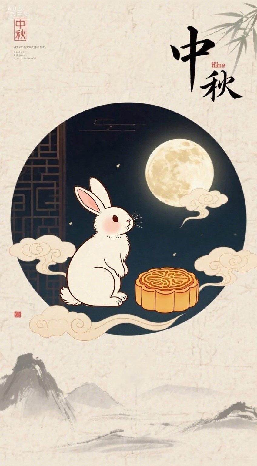 中式灰色卡通中秋海报