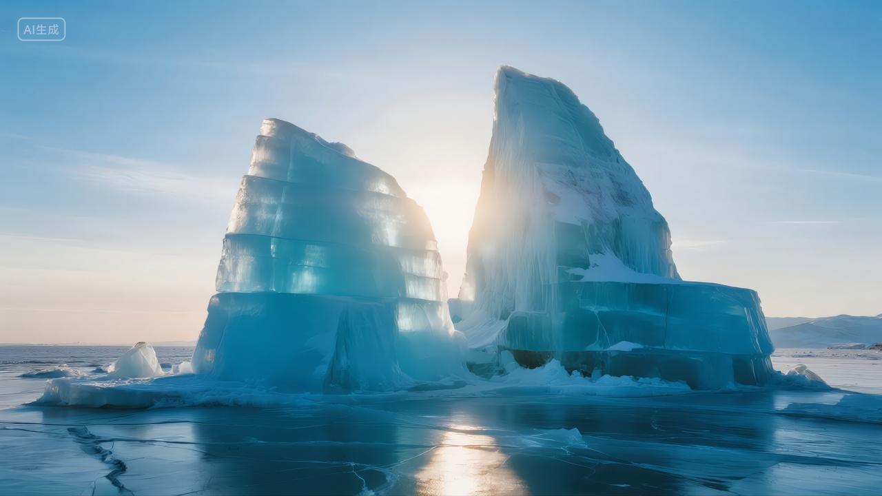 冬季贝加尔湖蓝冰冰山壮丽自然风光背景