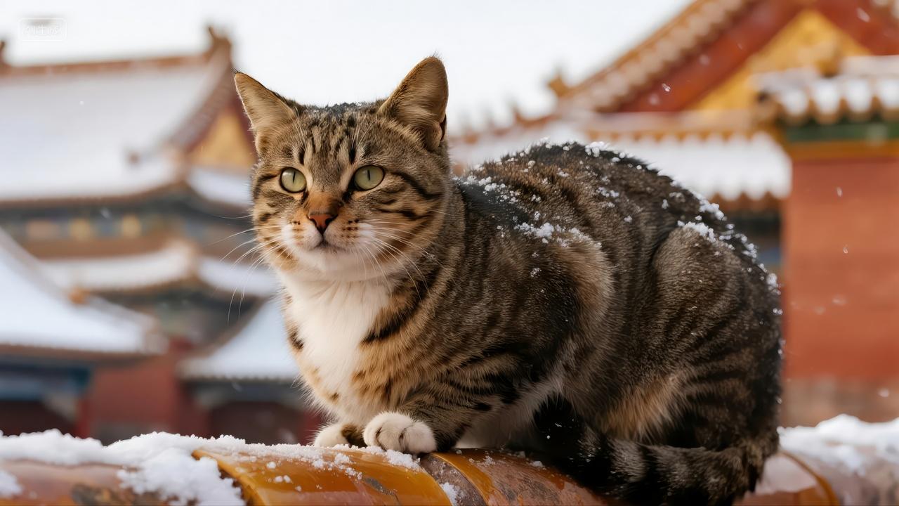 冬至节气故宫房顶的猫咪可爱宠物背景图