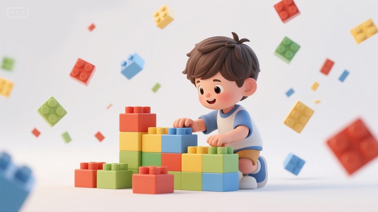 3D风格一个小男孩在玩乐高积木场景插画