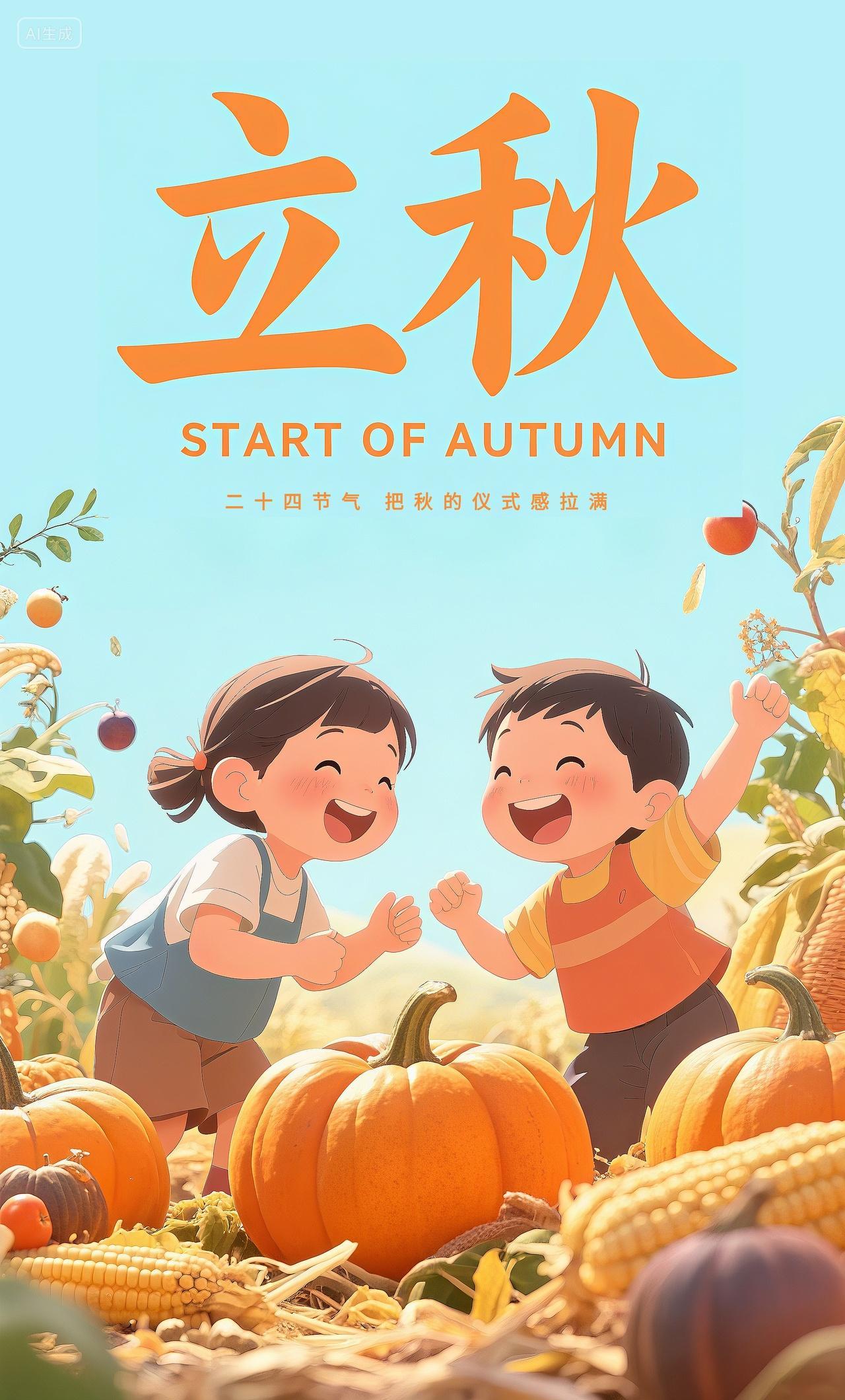 立秋秋季童趣插画海报素材田园里孩子嬉戏欢乐场景丰收满仓的意象