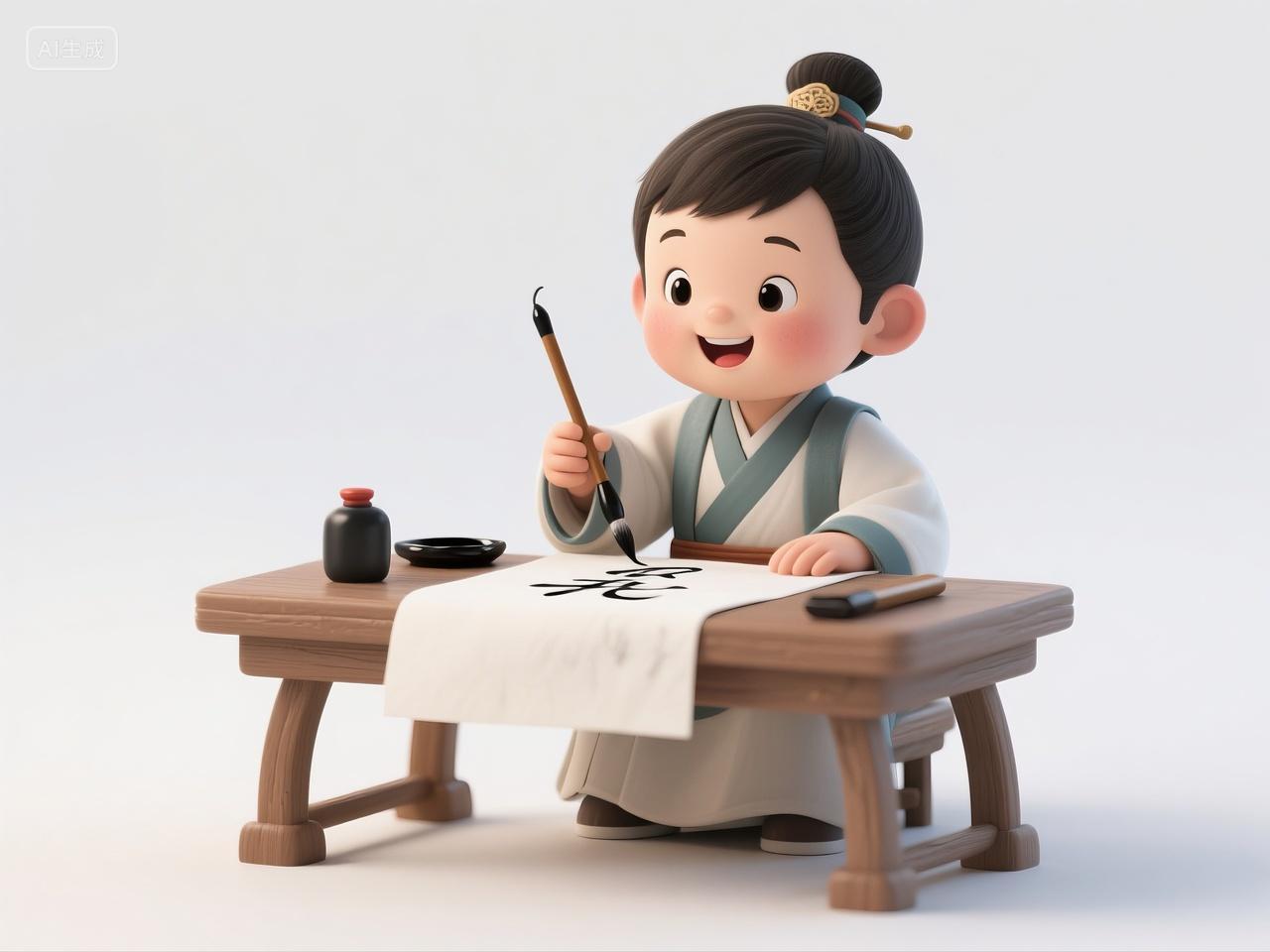 3D风格1个小男孩正在练习毛笔字书法场景