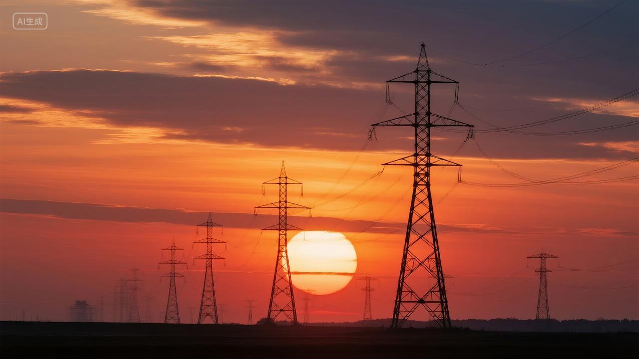 能源电力工业输电铁塔日落剪影发展背景