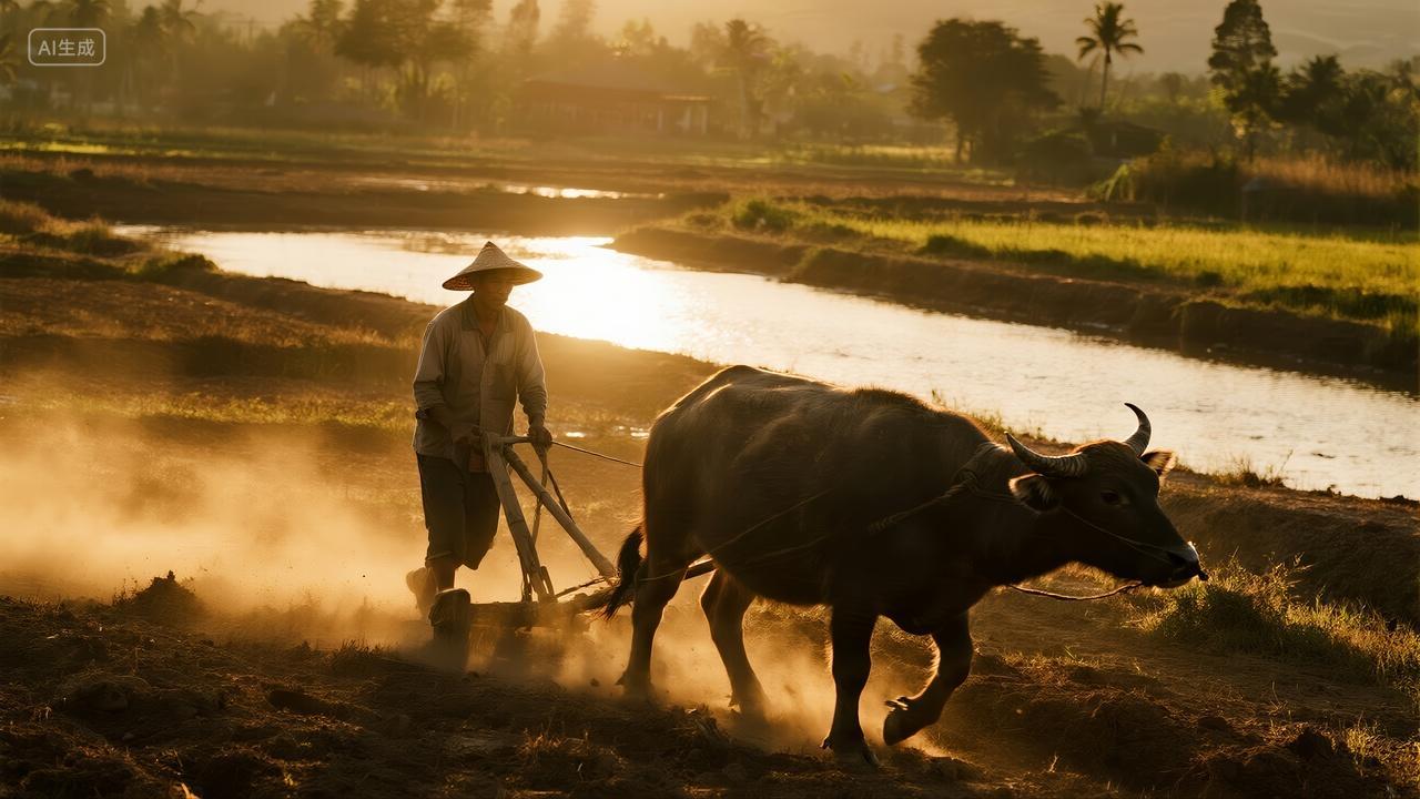 立秋节气牧童耕牛日落水田农耕文化背景