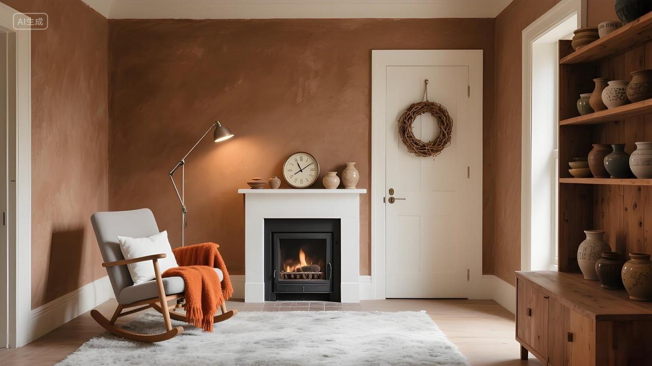 复古温馨起居室棕色调墙面壁炉摇椅装饰架营造温暖怀旧室内氛围