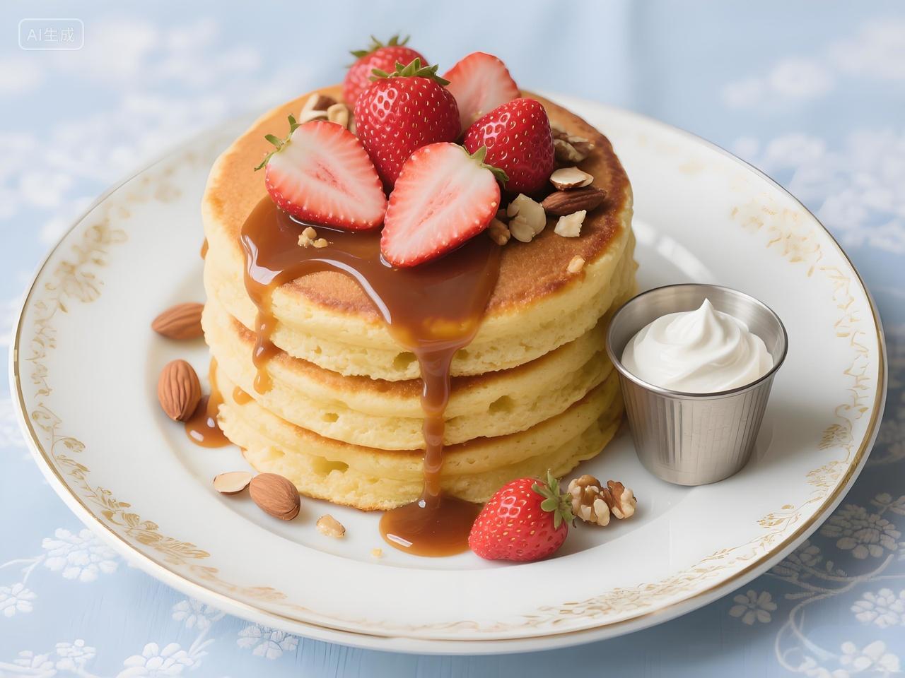 美食摄影松饼套餐草莓坚果松饼精致摆盘焦糖奶油增色奶油小杯