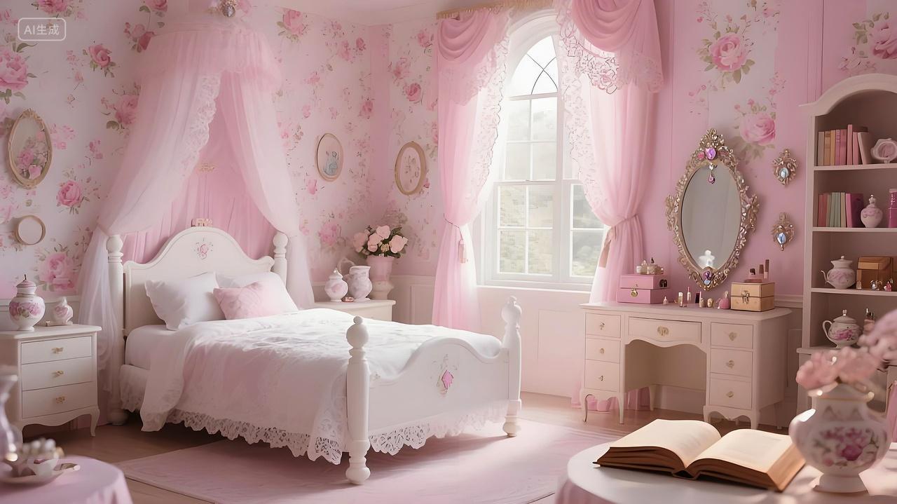 浪漫法式少女风卧室粉墙配碎花壁纸四柱床搭纱幔甜美梦幻氛围