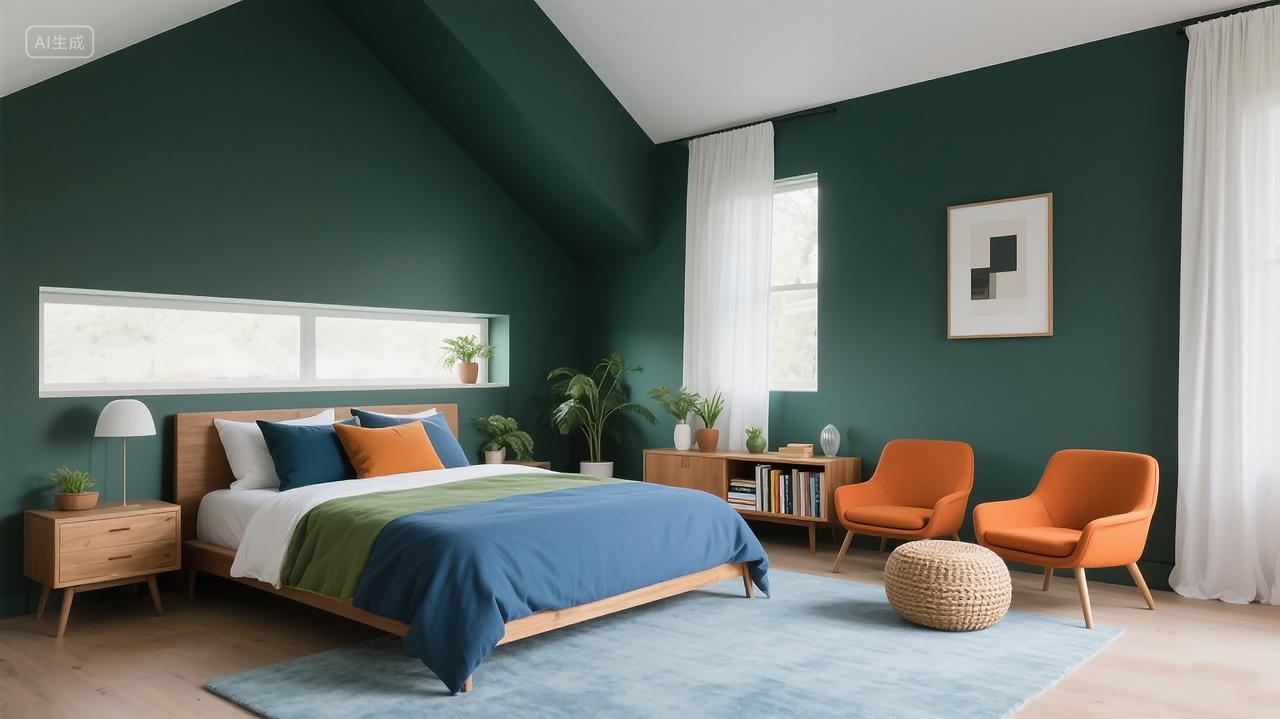 现代简约风室内设计卧室空间展现深绿墙原木家具撞色床品斜顶空间
