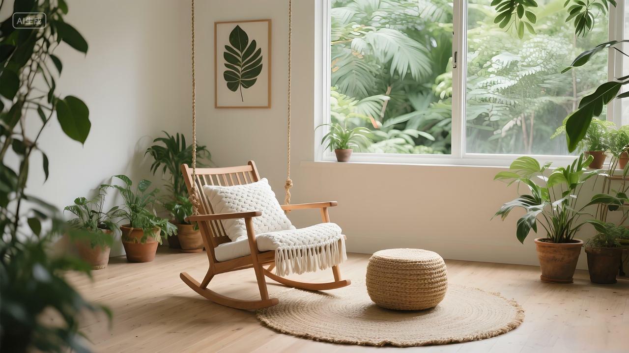 清新治愈氛围原木风室内场景浅木色地板摇椅配编织物绿植环绕