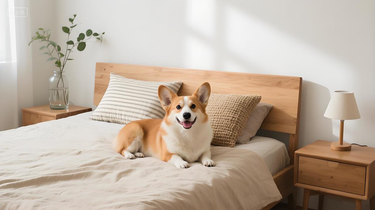 木床配米色床品柯基乖巧趴卧左侧床头柜立绿植阳光卧室温馨治愈