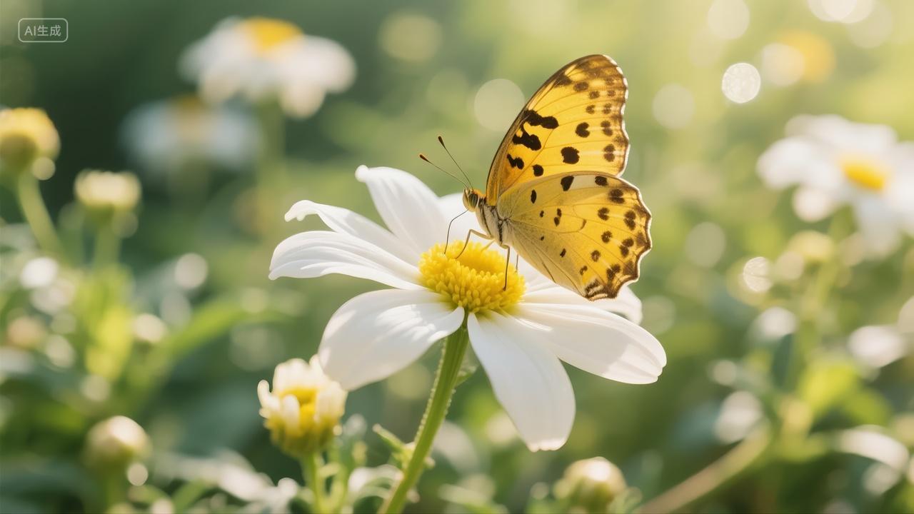 处暑节气蝴蝶小雏菊阳光清新自然背景图