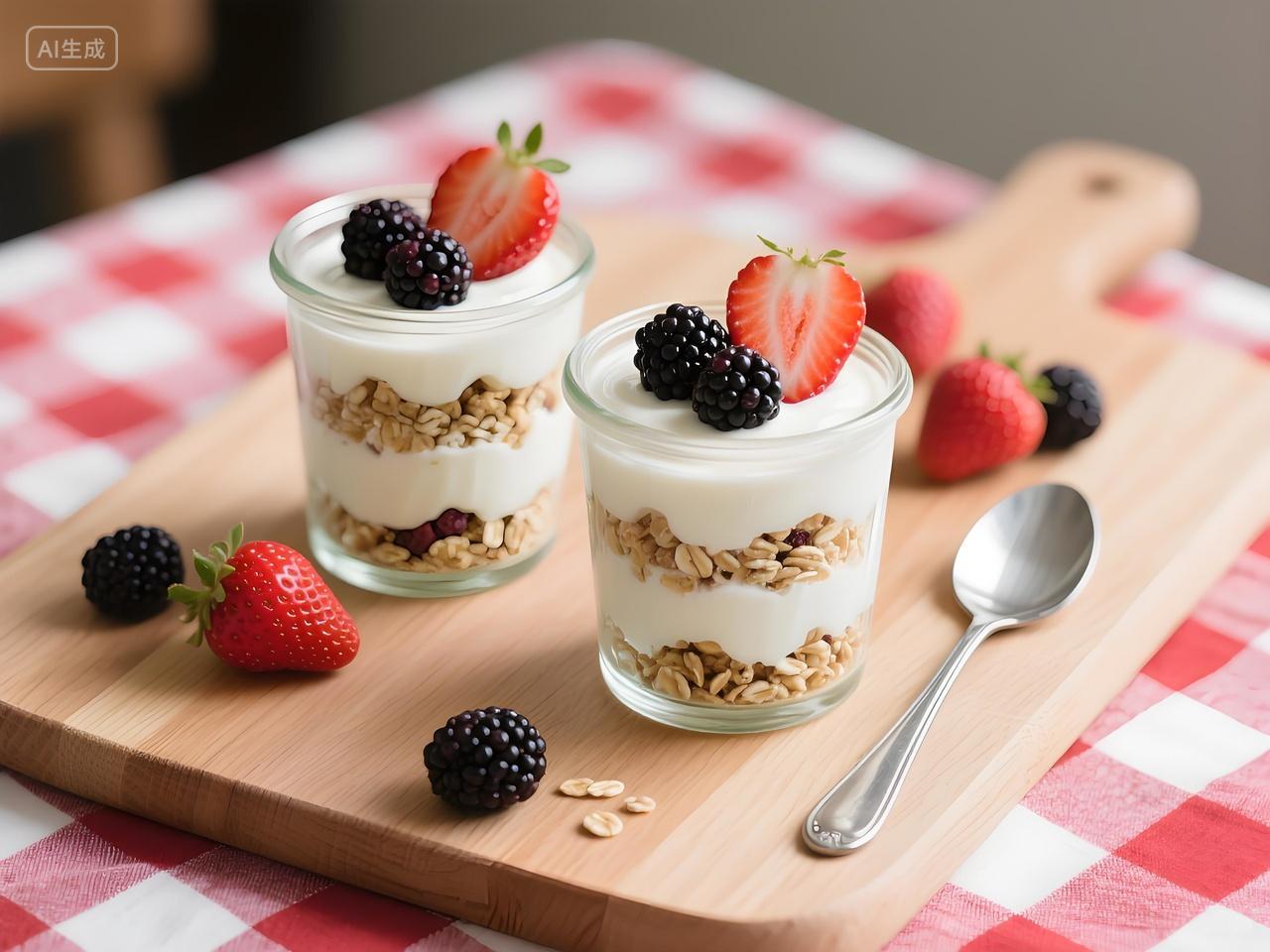 轻食早餐美食摄影红白格桌布衬底玻璃罐分层酸奶燕麦浆果精致摆盘
