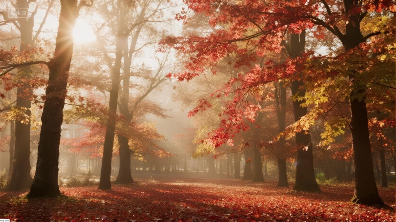 立秋节气森林枫叶小路唯美秋日风景背景