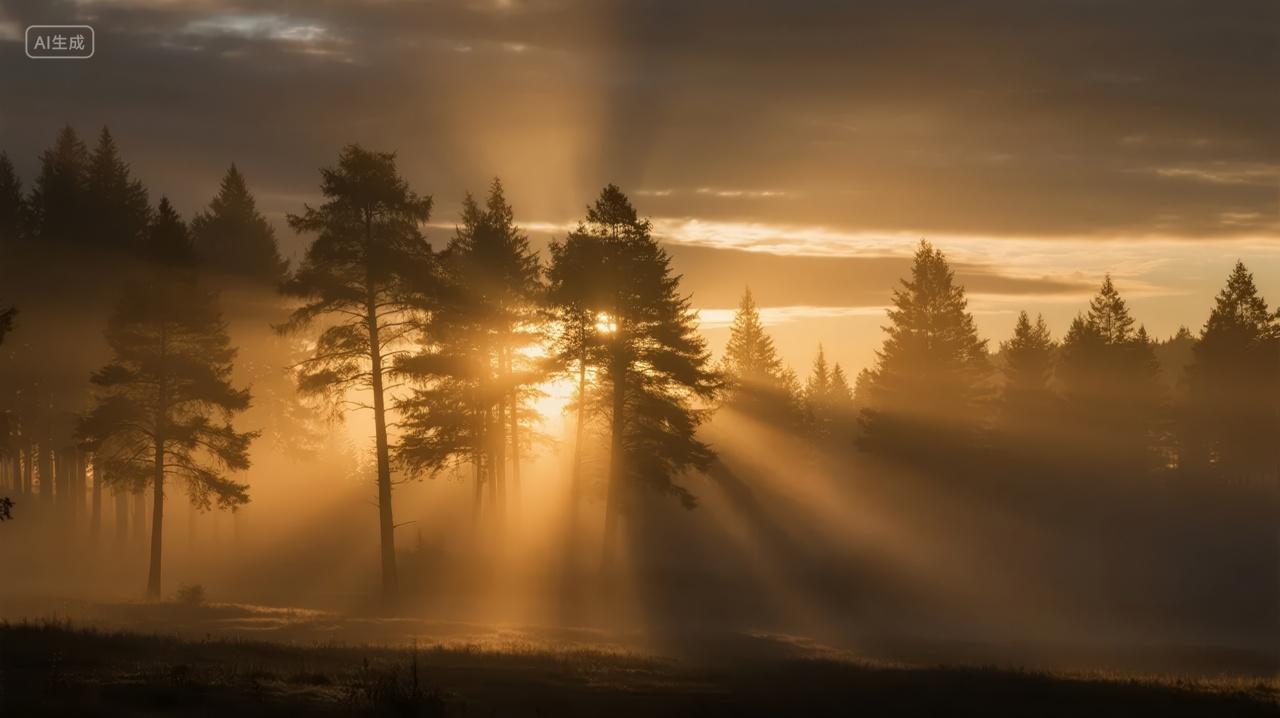 秋分节气森林阳光穿透希望治愈系风景背景