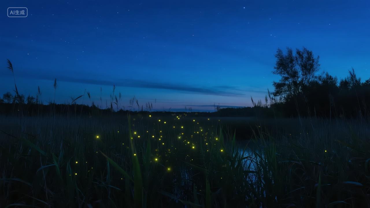 大暑节气夜晚萤火虫田野浪漫治愈背景