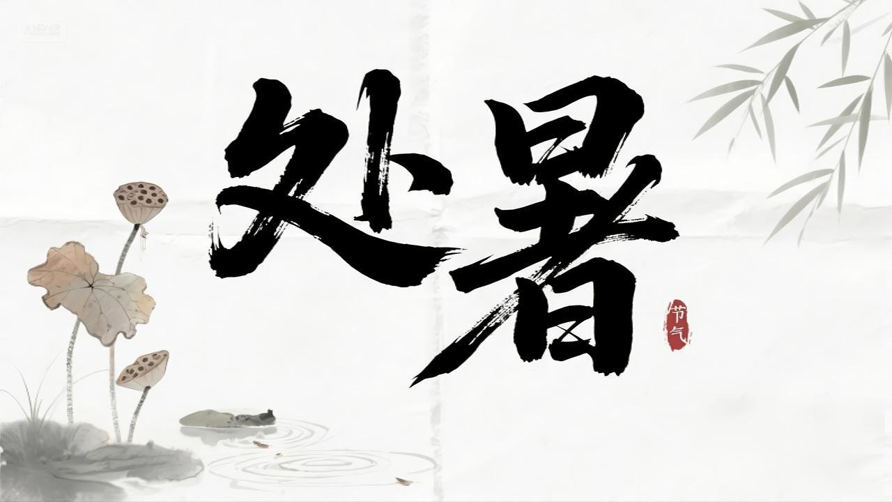 处暑节气水墨画荷花竹子书法风背景