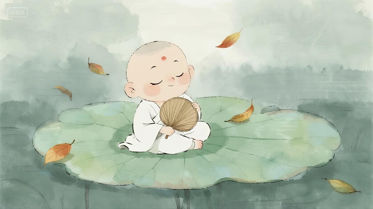 处暑节气小和尚落叶冥想插画禅意背景