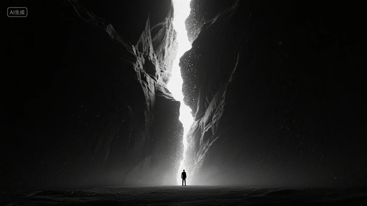 人物面对巨大裂缝希望挑战机遇概念背景