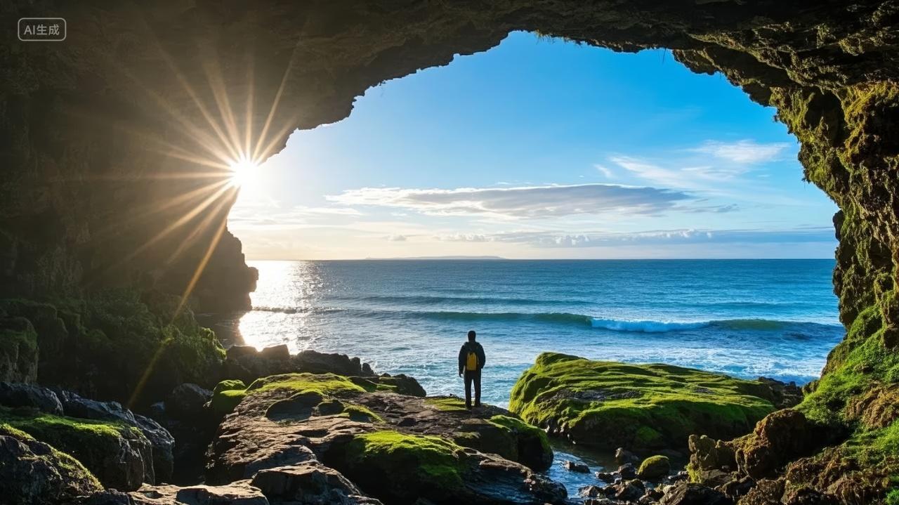 海边洞穴探索发现希望人生目标励志背景