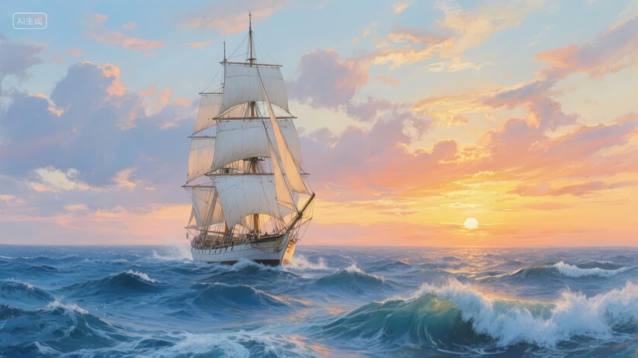 帆船航海探索日落海洋冒险精神企业背景