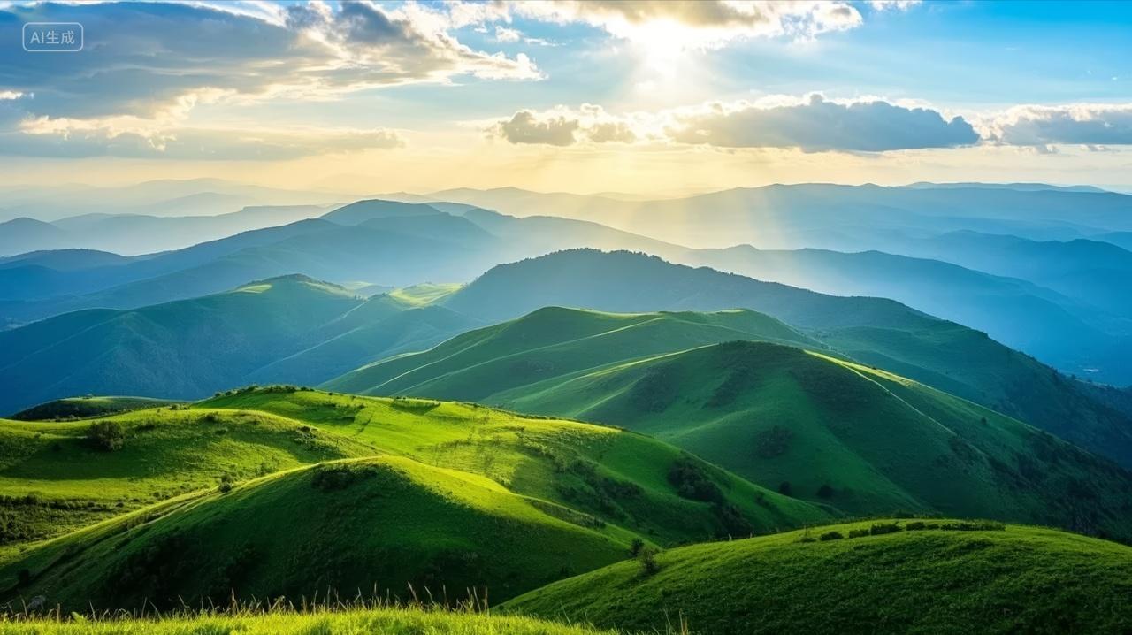 立秋节气绿色山丘草原阳光田园风光背景