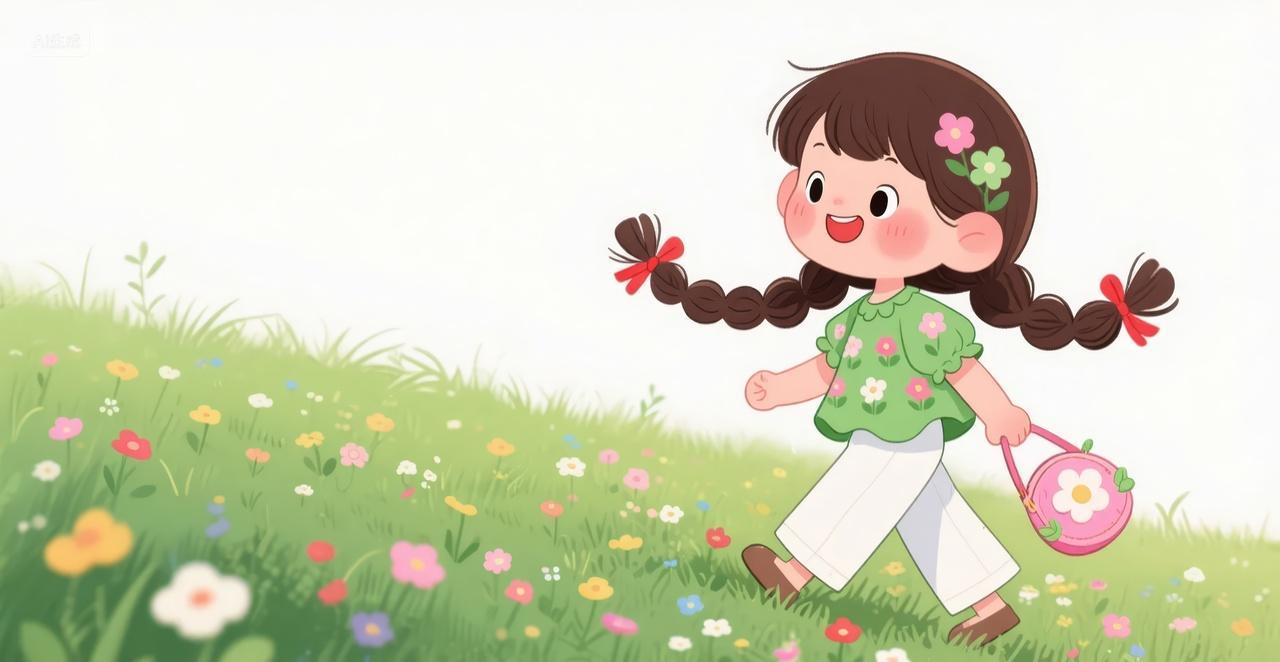 可爱卡通女孩草地鲜花踏青童趣插画背景