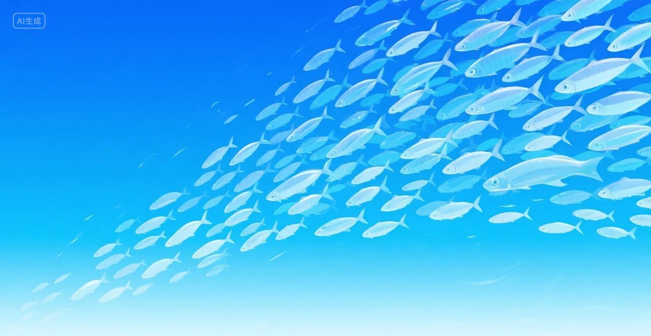 鱼群团队合作海洋生物团结一致蓝色背景