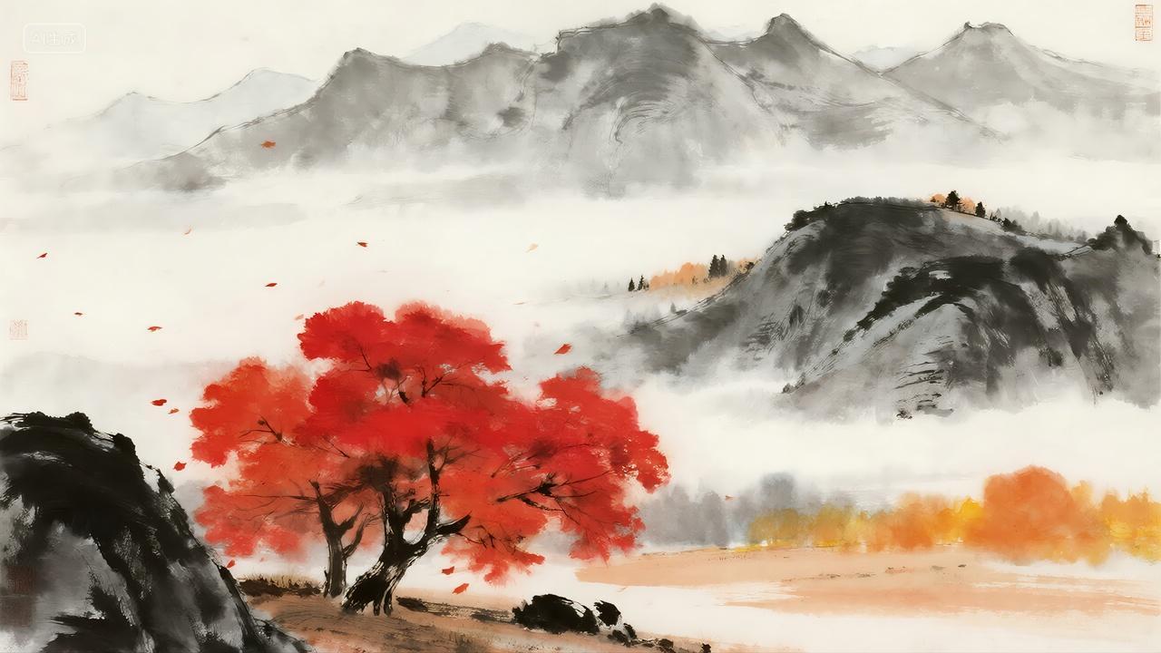 秋分节气红枫山水水墨画风艺术背景