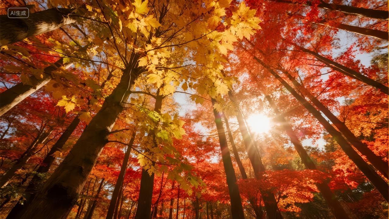 秋分节气仰视枫树林阳光穿透治愈背景