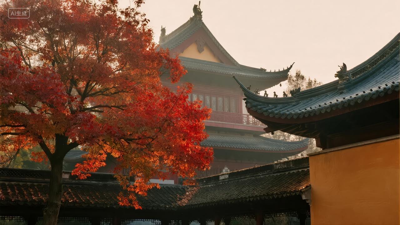 国庆节霜降节气中式寺庙秋景旅游背景