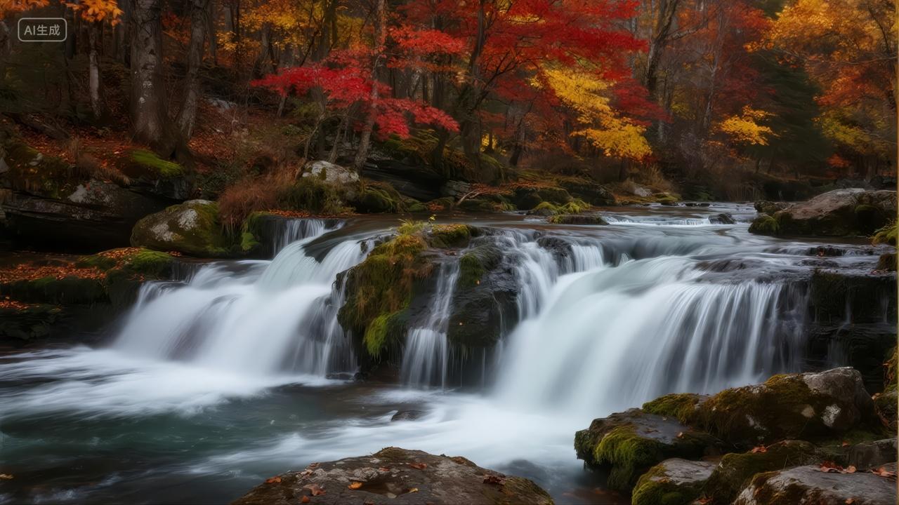 秋分节气溪流枫叶秋色自然风光背景图