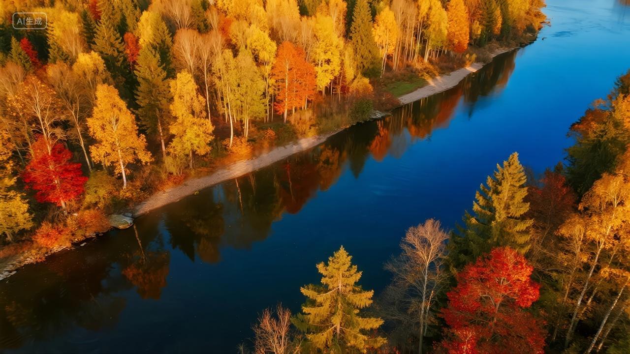 寒露节气秋色森林河流倒影航拍风光背景