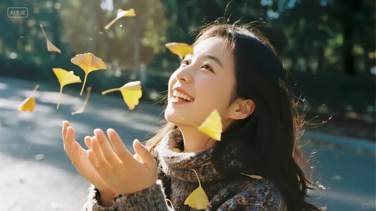 秋分节气女孩银杏落叶唯美治愈背景