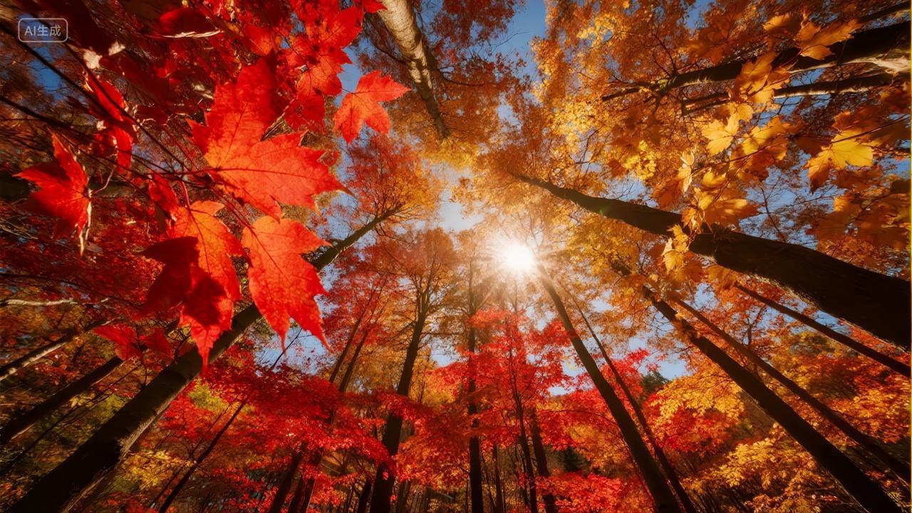 秋分节气秋日森林枫叶仰视阳光背景