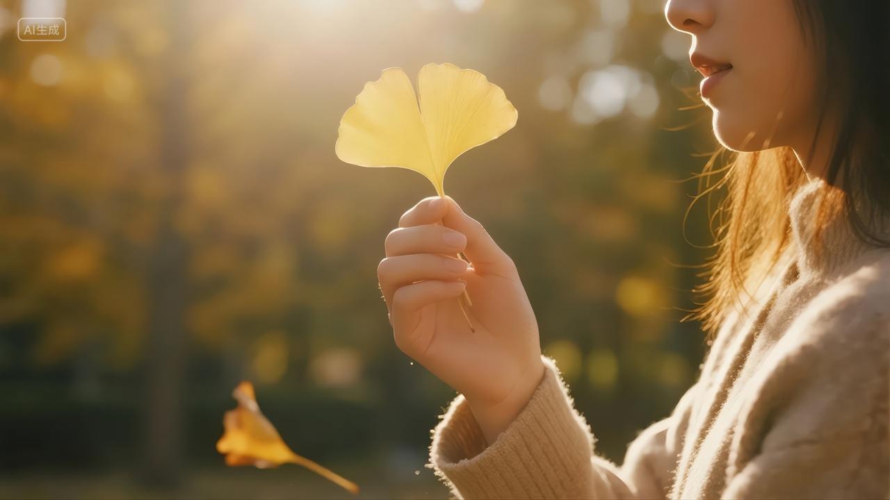 秋分节气女孩手持银杏叶浪漫唯美背景
