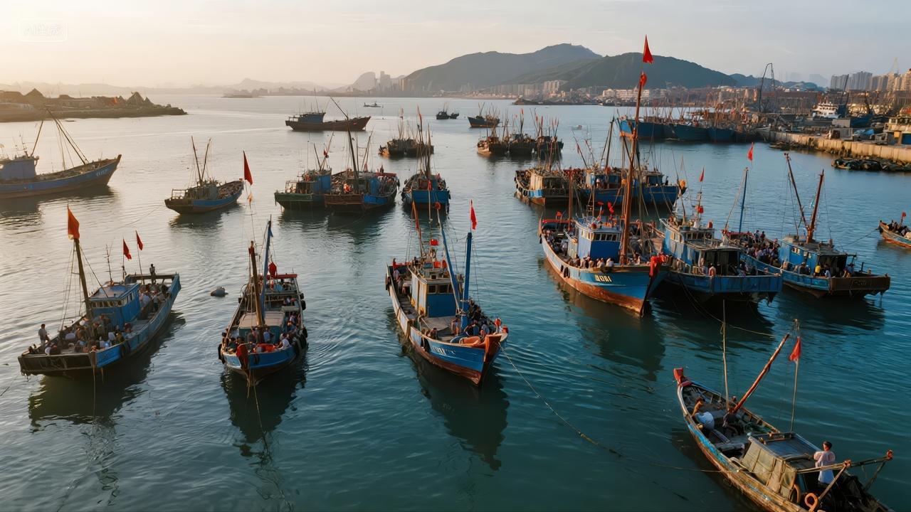 国庆节渔港码头渔船丰收旅游生活场景背景